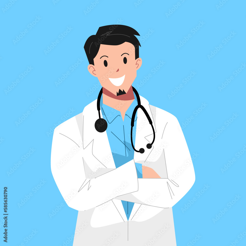 male handsome doctor flat character portrait. half body. wearing a stethoscope around the neck, lab coat. blue background. flat vector illustration.