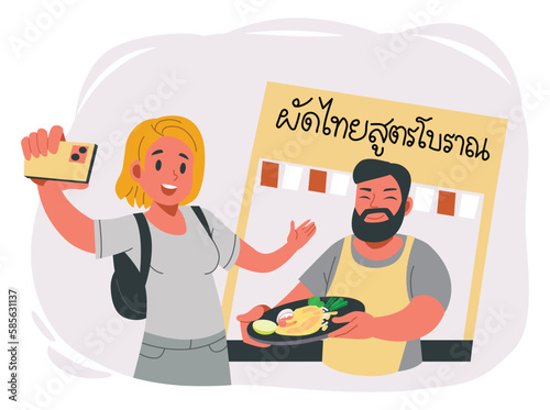 Foreign tourists travel to taste street food. In the picture it mean “traditional recipe pad thai taste”.