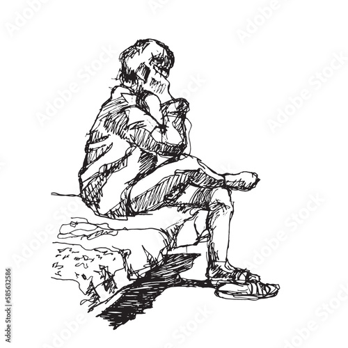 a man in home clothes sitting on a bed talking on the phone. hand drawn sketch. vector illustration