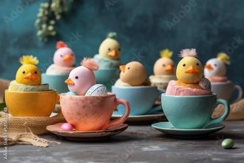 Rubber Ducks Perched on Teacups in a Playful Scene. Generative AI © AkuAku