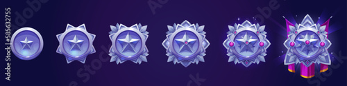 Set of military game progress badges isolated on background. Vector cartoon illustration of purple army medal decorated with star, gemstone, wings and silk royalpennant. Gui design element