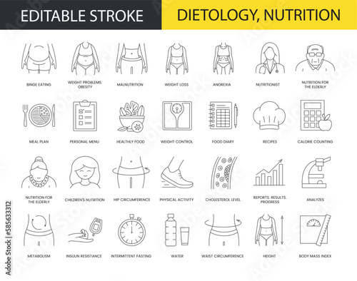 Dietology and nutrition line icon set in vector, weight problem illustration, obesity and overeating, healthy eating and personal menu, hip and waist circumference. Editable stroke