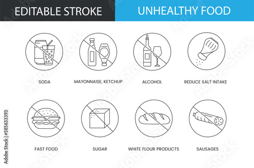 Food waste or unhealthy food, line icon set in vector, illustration of soda and mayonnaise, ketchup and alcohol, reduce salt intake and fast food, sugar and white flour products. Editable stroke