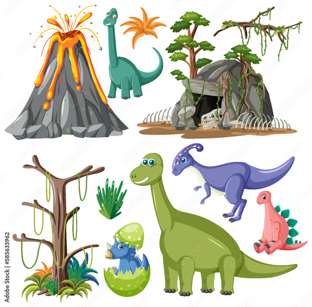 Naklejka premium Dinosaurs and Natural Elements Vector Collection