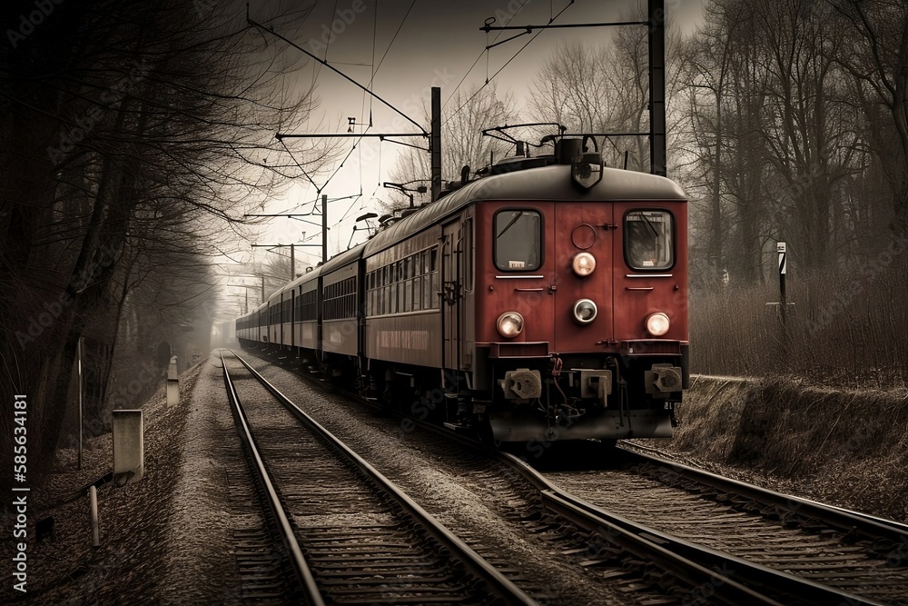 Sleek Steel Train on Railway Transport Background