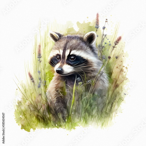 Cute raccoon is sitting in field among wildflowers and grass