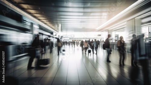 Abstract airport interior blur with travellers. Generative AI