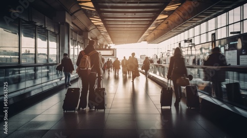 Abstract airport interior blur with travellers. Generative AI photo