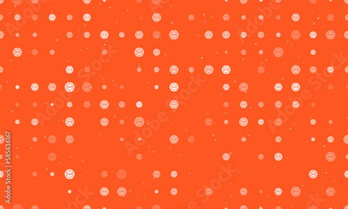 Seamless background pattern of evenly spaced white poker chip symbols of different sizes and opacity. Vector illustration on deep orange background with stars