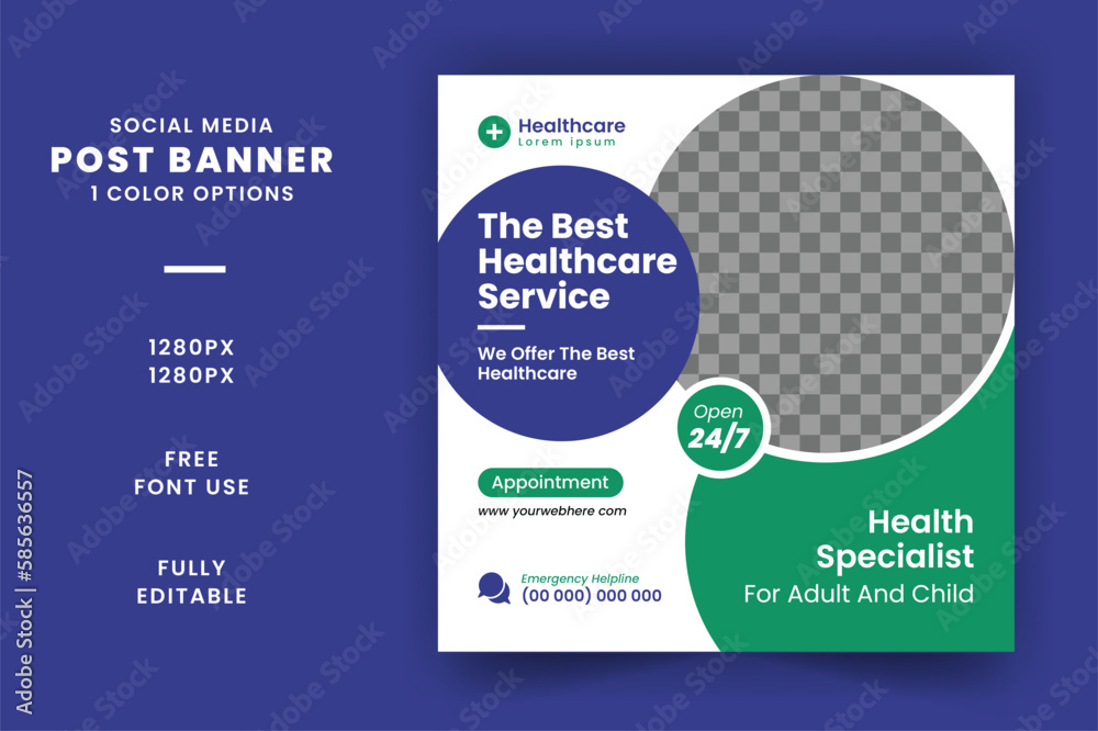 Obraz premium Professional medical healthcare service social media post template design. Clinic or hospital digital marketing flyer for the web. Creative health business promotion banner for doctor
