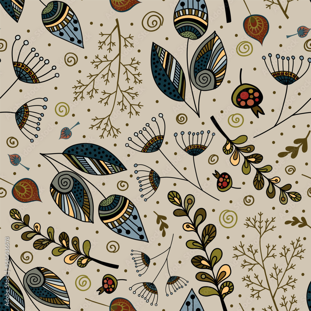 Seamless pattern with different plants. Vector file for designs.