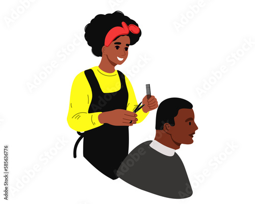 African hair stylist doing a haircut to a client. Flat vector illustration