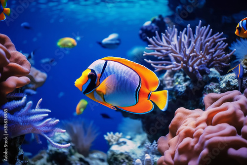 Discovering the Vibrant Ecosystem of the Underwater Sea World: A Journey Through the Colorful Tropical Fish and Life in the Coral Reef, Generative AI. © ParinApril