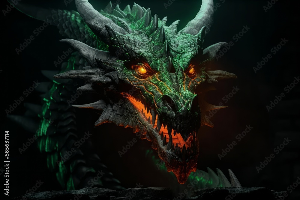 Unleashing the Mythical Power: A Gothic Concept Art of a Huge Medieval Dragon with Glowing Green Eyes and Flames in a Dark Cave, Generative AI. Unleashing the Mythical Power: A Gothic Concept Art of a Huge Medieval Dragon with Glowing Green Eyes and Flames in a Dark Cave, Generative AI.