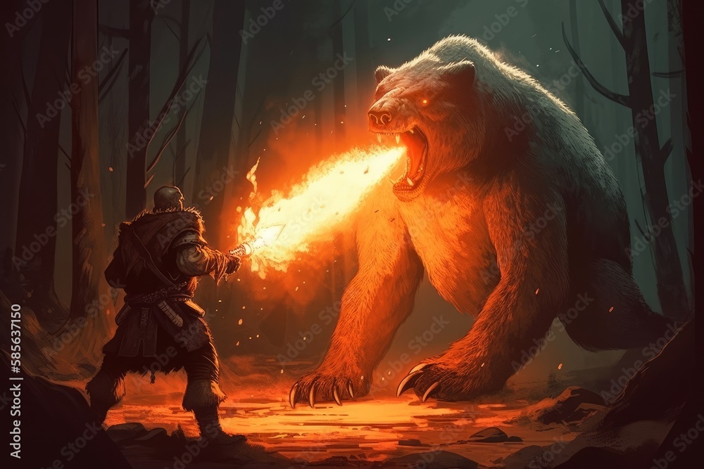 Unleashing the Fury: A Digital Art Depiction of a Man's Epic Battle Against a Demon Bear with a Flamethrower, Generative AI.
