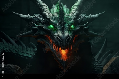 Unleashing the Mythical Power: A Gothic Concept Art of a Huge Medieval Dragon with Glowing Green Eyes and Flames in a Dark Cave, Generative AI.