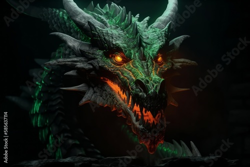 Unleashing the Mythical Power: A Gothic Concept Art of a Huge Medieval Dragon with Glowing Green Eyes and Flames in a Dark Cave, Generative AI. © ParinApril