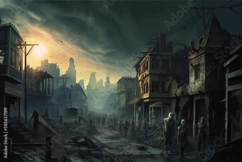 Exploring the Haunting Ruins of an Abandoned City: A Digital Illustration of a Scary Zombie Apocalypse and Creepy Grunge Buildings and Roads, Generative AI.