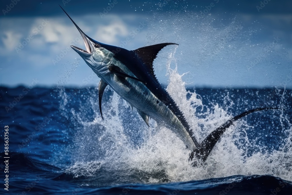 marlin leaping out of the water to catch its prey, created with
