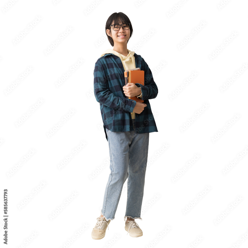 full body portrait young Happy Asian teen girl holding books, isolated on white and transparent background full body portrait young Happy Asian teen girl holding books, isolated on white and transparent background