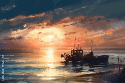 sailboat sailing at sunset on the ocean. Generative AI © AkuAku
