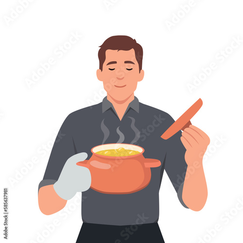 Man in kitchen gloves opening pot smelling food. Holding and smelling hot stove