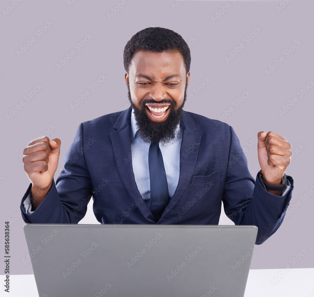 Laptop, celebration and black man in business, studio or achievement of target, goals or motivation. Happy male worker, computer or celebrate success of winner, bonus or fist of winning surprise deal Laptop, celebration and black man in business, studio or achievement of target, goals or motivation. Happy male worker, computer or celebrate success of winner, bonus or fist of winning surprise deal
