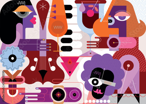 Long hair man playing contrabass, woman takes a cocktail at a jazz party. Creative mix of different people, cocktail glasses and musical instruments. Modern art vector illustration.