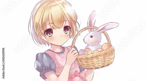 anime girl with rabbit, basket and eggs colored eggs