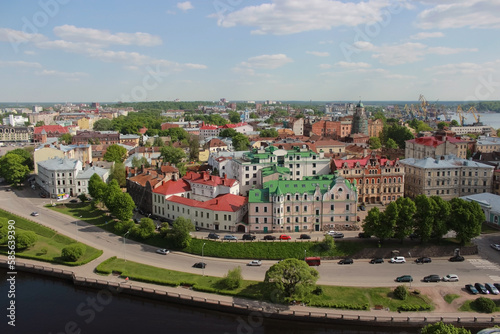 Panoramic view of the central part of the city from the tower of St. Olaf Vyborg Castle, Leningrad region, Saint-Petersburg, Russia. Sunny summer day