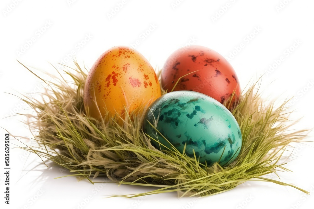 three eggs on a bed of grass. Generative AI three eggs on a bed of grass. Generative AI