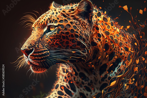 Fantasy leopard  beautiful spotted predator animal colorful illustration. Generative AI