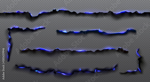 Fire on burnt paper edges. Frames with burn effect with blue flame, black ash and scorched edges of pages or parchment sheets isolated on transparent background, vector realistic set