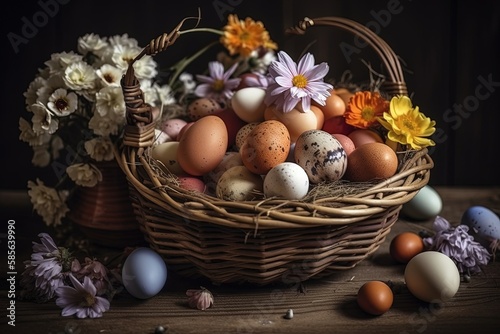 colorful Easter egg basket overflowing with a variety of painted eggs. Generative AI