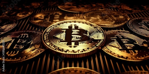 Crypto currency golden bitcoin background, Financial investment concept. Generative Ai photo