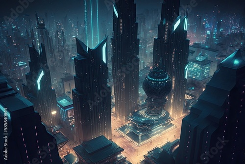 megapolis at night, with view of futuristic metropolis from high above, featuring sleek and modern buildings, created with generative ai