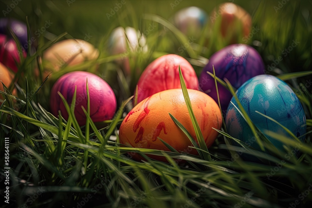 colorful Easter eggs nestled in grass. Generative AI