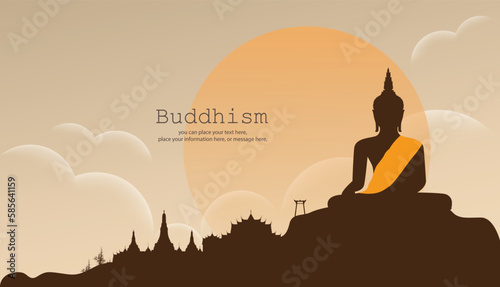 Fototapeta Naklejka Na Ścianę i Meble -  Silhouette of a meditating Buddha behind a cloud and copy space vector background - Magha puja day, Vesak day banner, important buddhism days Thailand culture