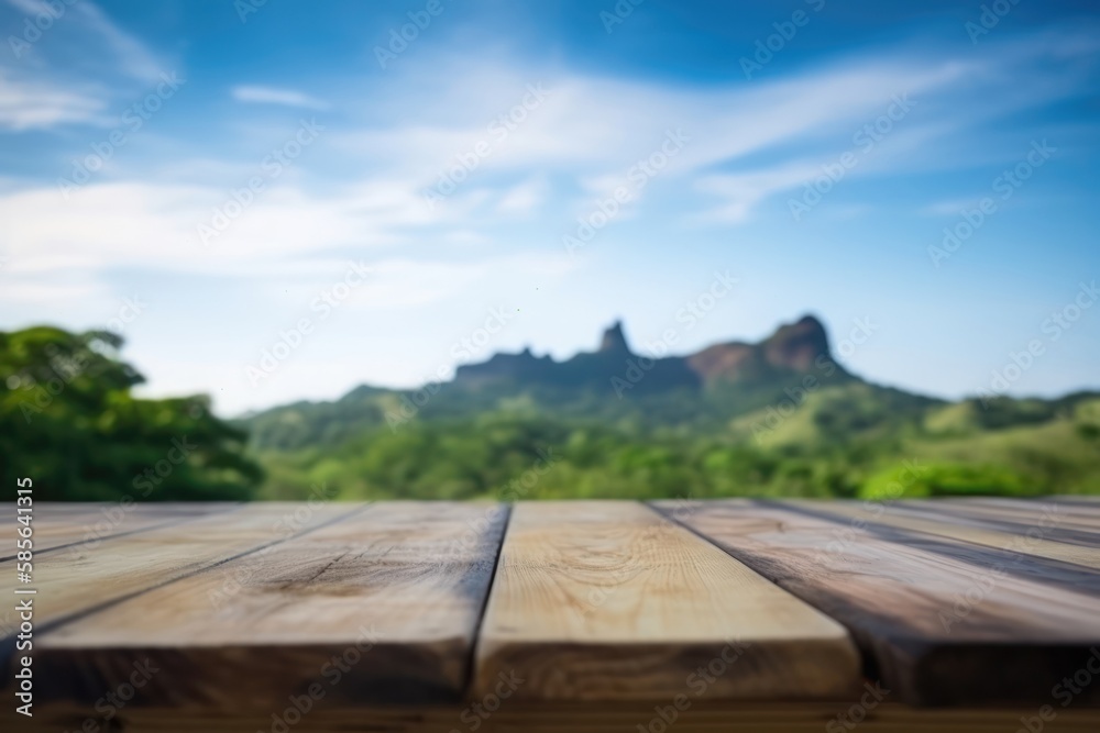 Empty wooden table close up, Mountain and nature landscape view. Template for product presentation. Generative AI
