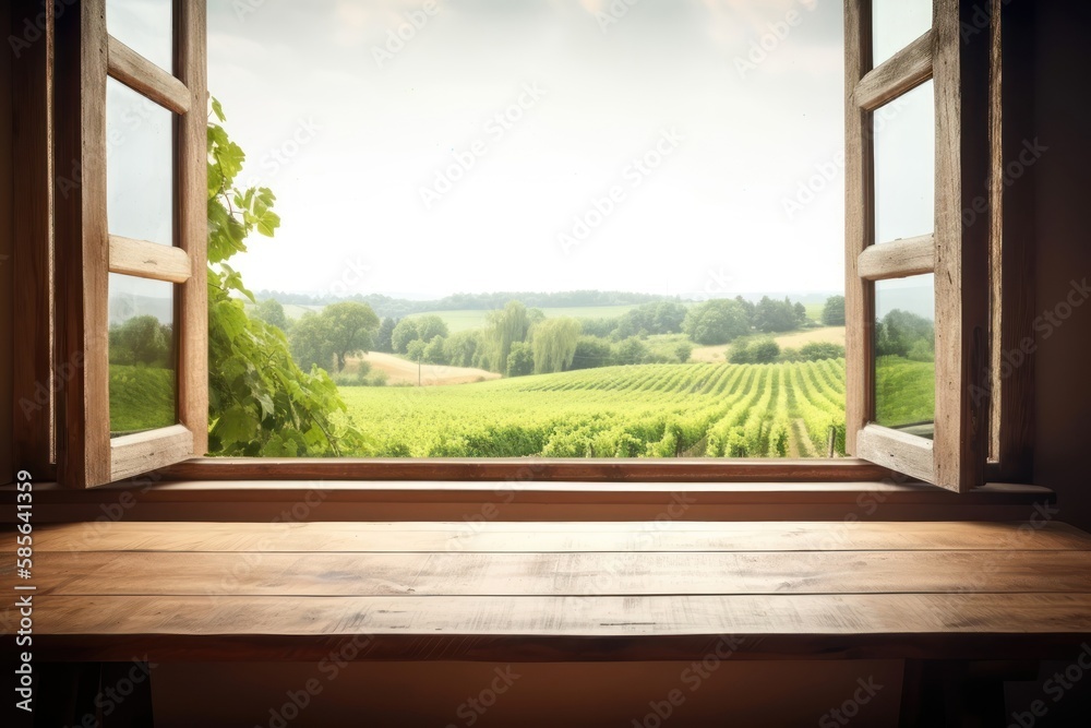 Empty wooden table, vineyard view out of open window. Template for product presentation. Generative AI - obrazy, fototapety, plakaty 