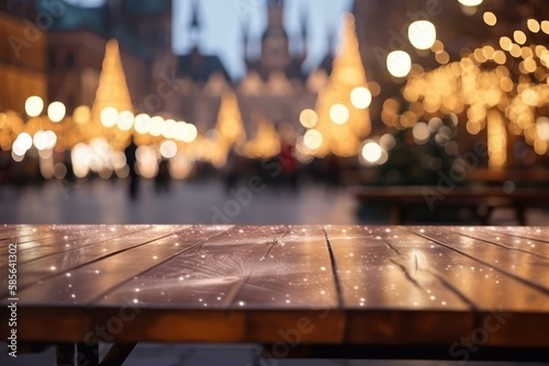 Empty wooden table, blur city street at night, bokeh lights background.  Traditional festival bench. Generative AI © Rawf8