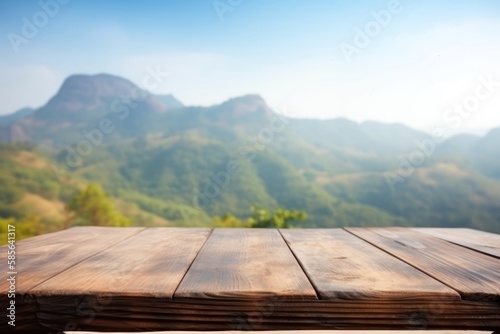 Empty wooden table close up, Mountain and nature landscape view. Template for product presentation. Generative AI