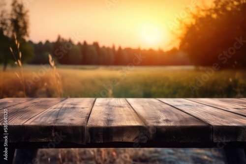 Empty wooden table outdoors, blur nature background at sunset, product display template, Generative AI
