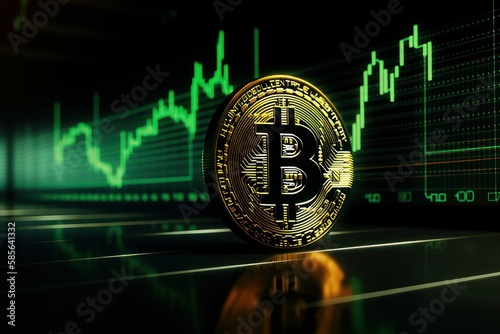 Bitcoin with green graph on computer screen background, Crypto currency trading. Generative Ai