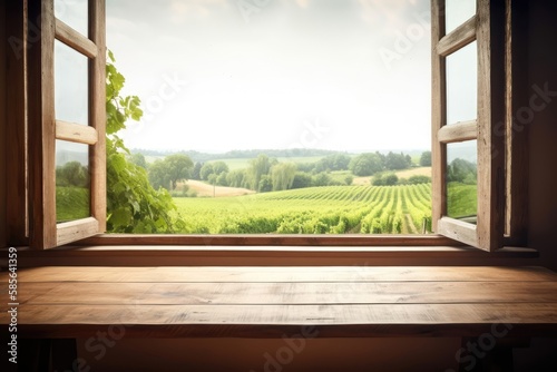Billede på lærred Empty wooden table, vineyard view out of open window