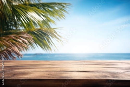 Empty wooden table, blur tropical beach with palm trees background, Generative AI