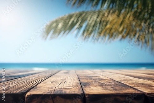 Empty wooden table  blur tropical beach with palm trees background  Generative AI