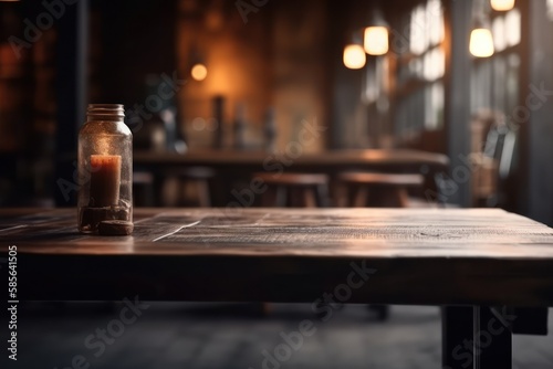 Empty wooden table surface, blur dark cafe restaurant interior background. Generative AI