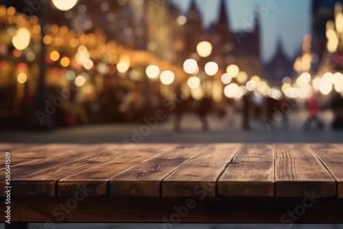 Empty wooden table, blur city street at night, bokeh lights background. Space for product presentation. Generative AI