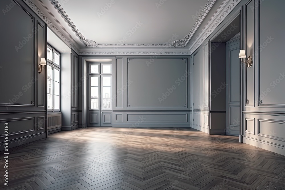 an empty wooden room with natural lighting. Generative AI